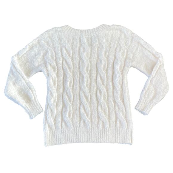 Lucky Brand Plush V Neck Pullover Cable Knit Sweater in Snow White - Size: XS - Picture 8 of 9